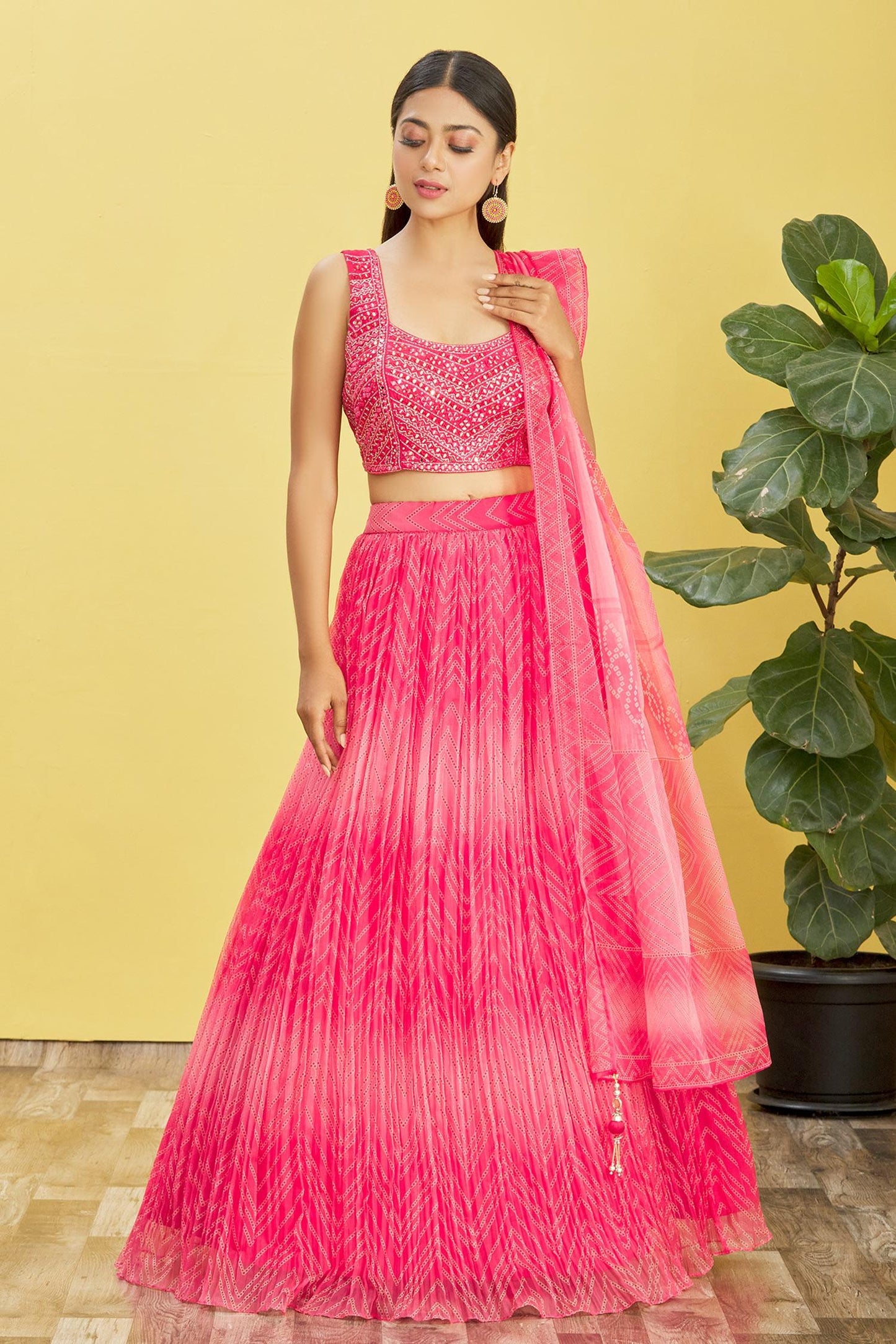 Pink Color ORGANZA Real Mirror with Thread, Zari, Sequins Embroidered And Digital Print Work Lehenga Choli
