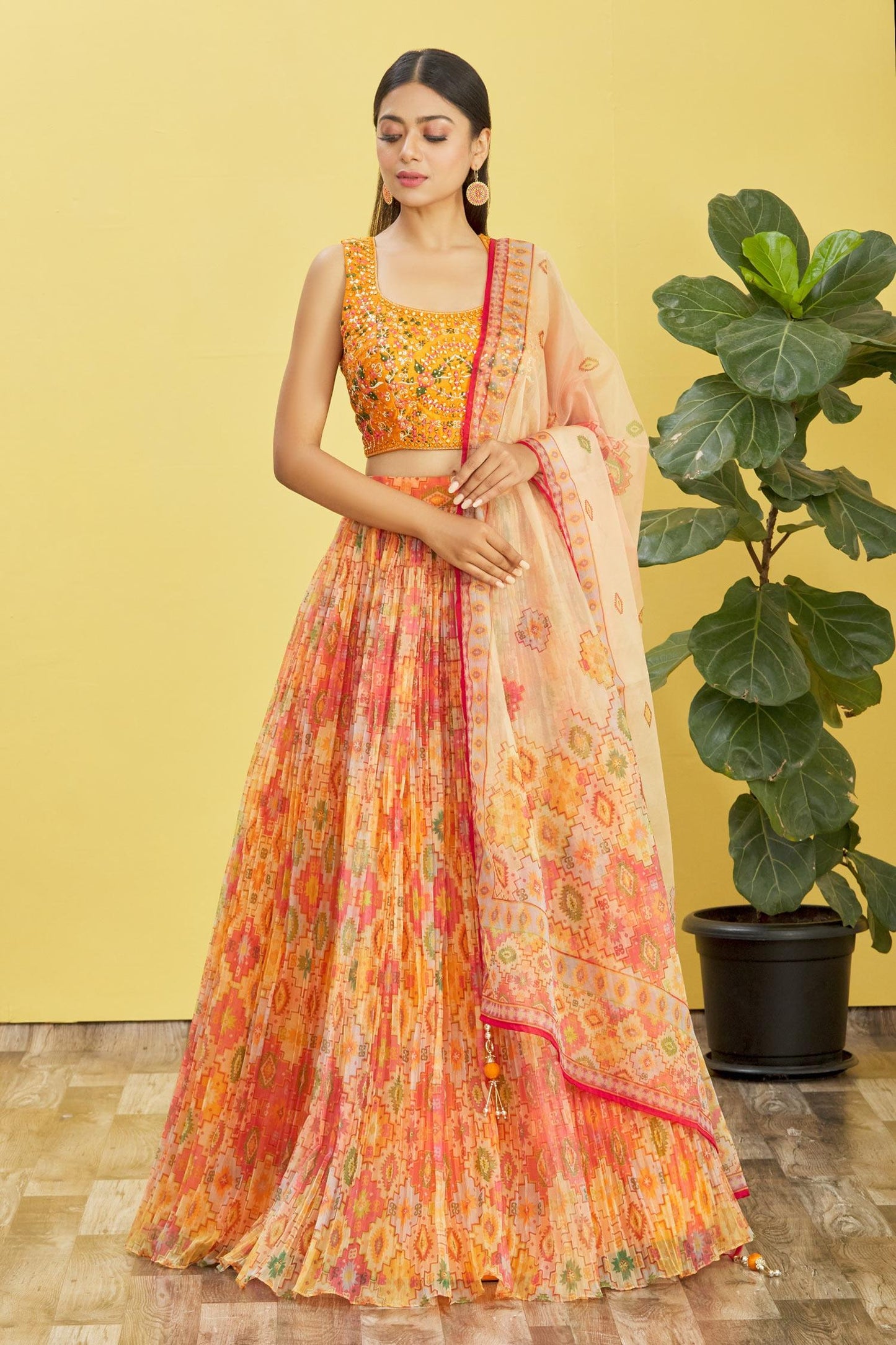 Yellow Color ORGANZA Real Mirror with Thread, Zari, Sequins Embroidered And Digital Print Work Lehenga Choli