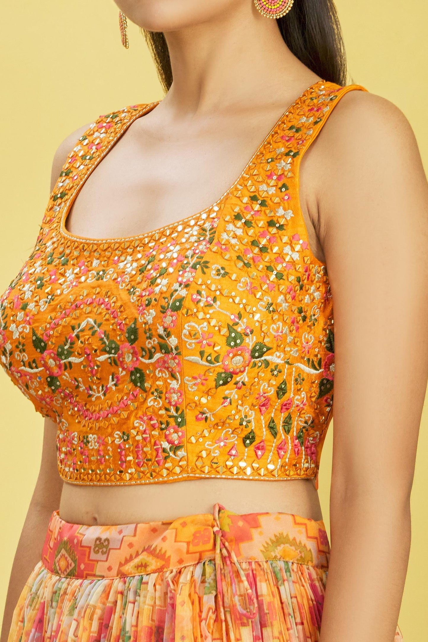 Yellow Color ORGANZA Real Mirror with Thread, Zari, Sequins Embroidered And Digital Print Work Lehenga Choli