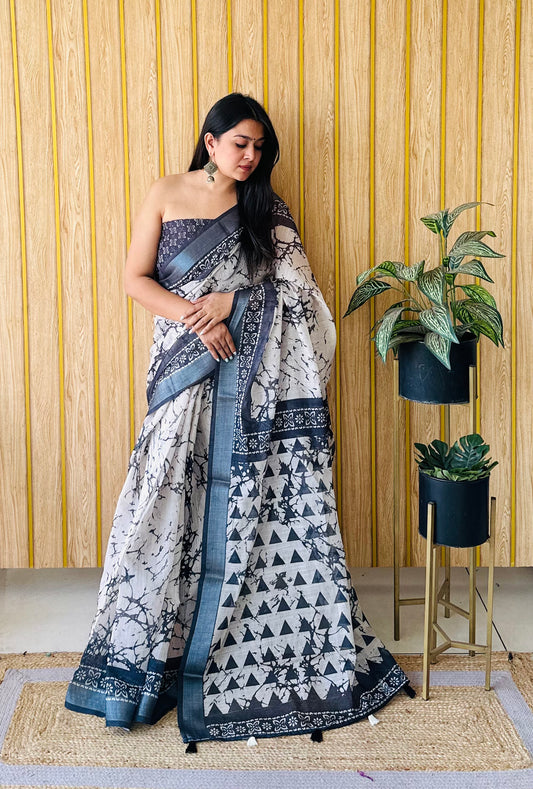 Black-White Color Soft Linen Cotton Digital Print Saree Very Premium And Rich Quality