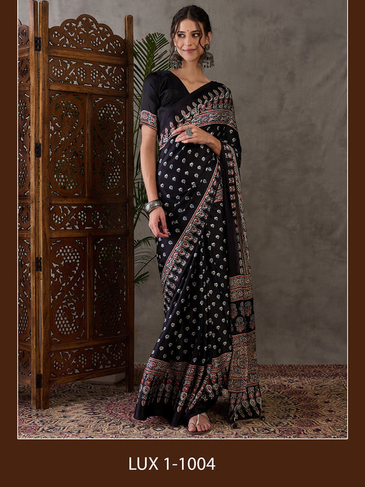 Rana Pure Semi Modal Silk Floral Printed Black Saree