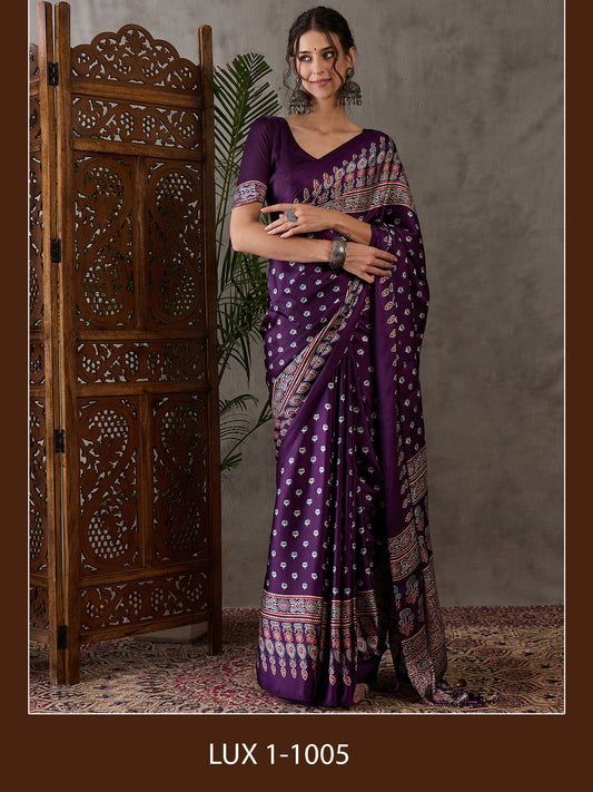 Rana Pure Semi Modal Silk Floral Printed Purpul Saree