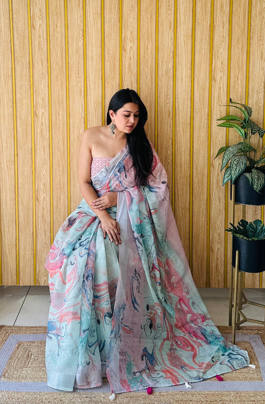 Multi Color Soft Linen Cotton Digital Print Saree Very Premium And Rich Quality