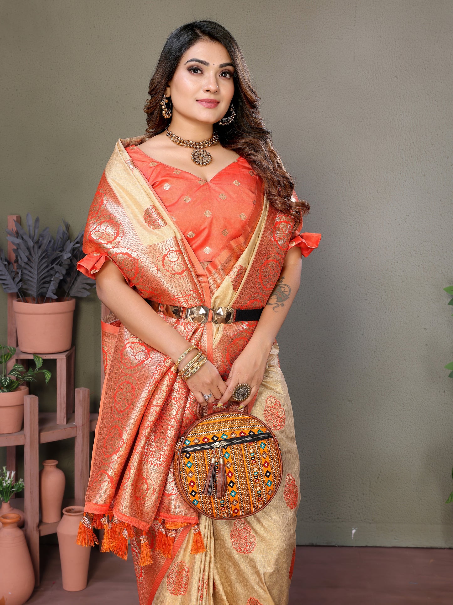 Orange Jugani Viscose silky sarees that are soft and with all over weaving butties in the body