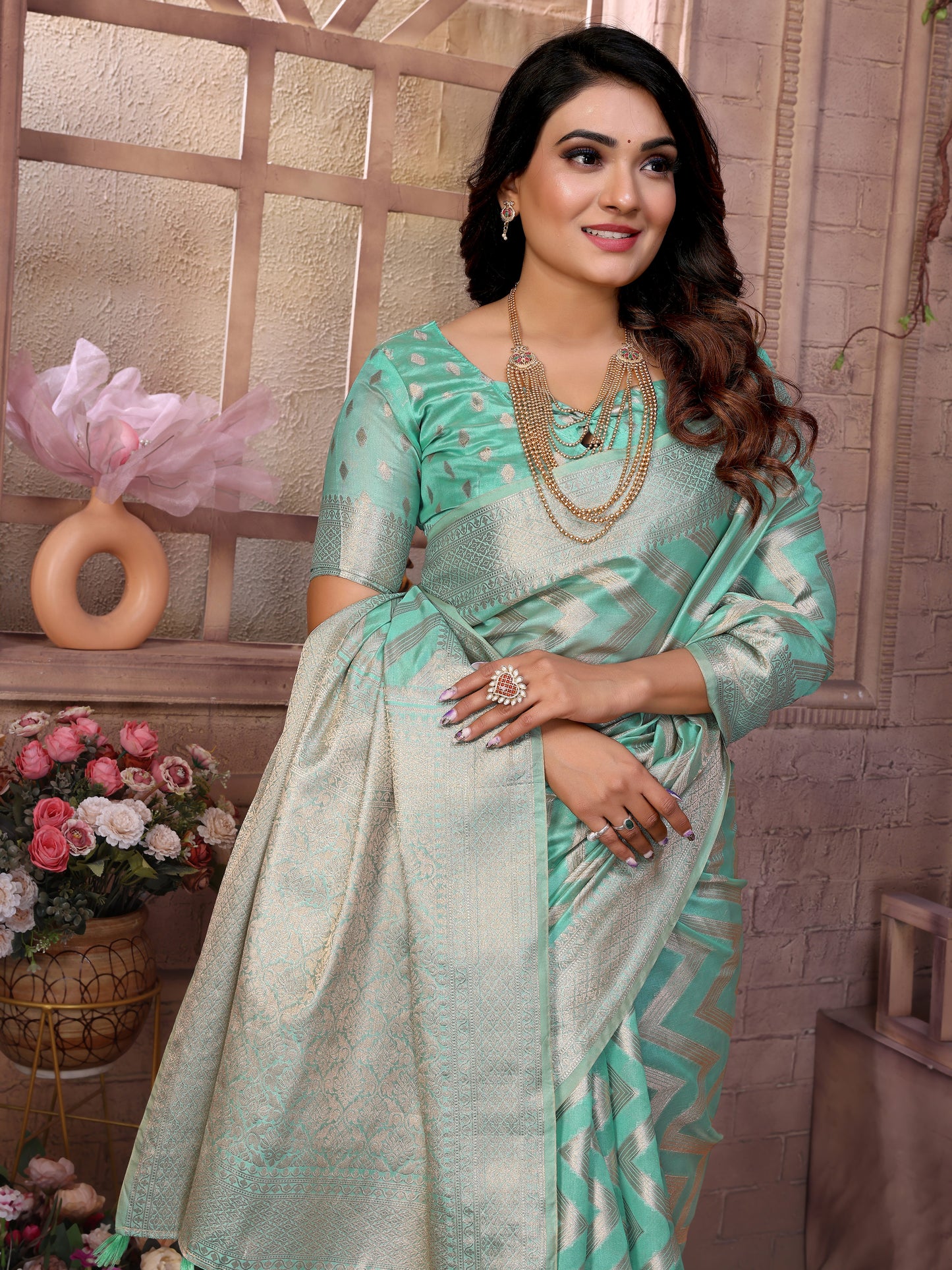 Sea Green Color Premium Superior Soft Organza Silk Banarasi Saree With Zari Border