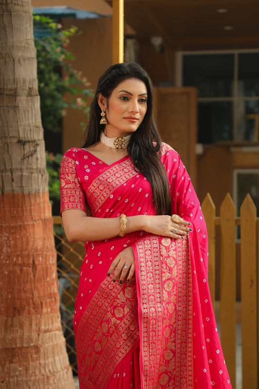 Pink Toral Bandhej Kanjivaram silk saree with Zari Weaving Rich Pallu