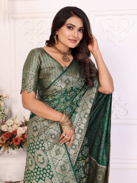 Green Samshira Soft Satin Silk Bandhej Print Sarees With Allover Zari Weaving Border