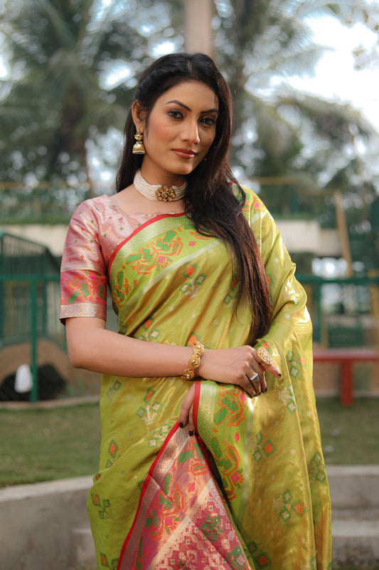 Light Green Isha Organza sarees with Ikkat Patola weave pallu with tassels