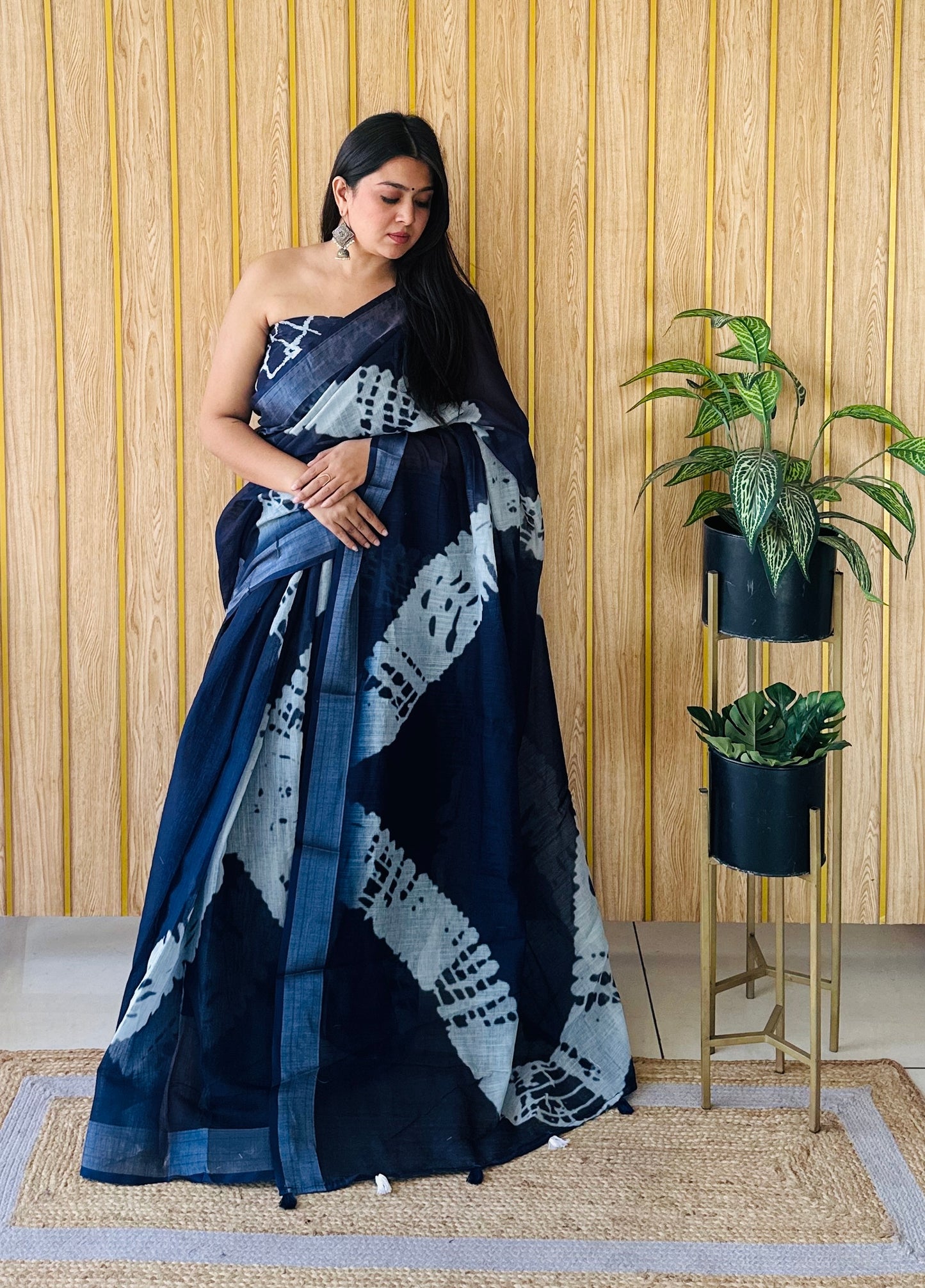 Navy Blue Color Soft Linen Cotton Digital Print Saree Very Premium And Rich Quality