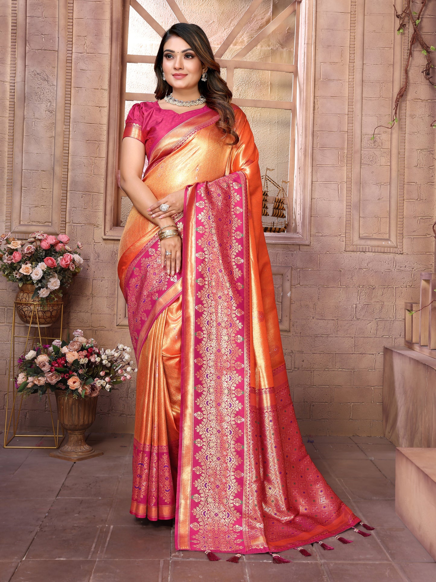 Orange Color Superior Pure Banarasi Tissue Silk Saree With Weaving Butties
