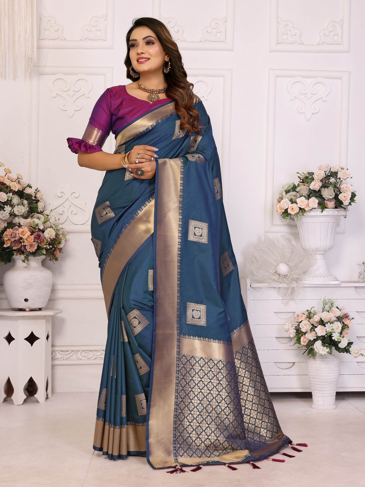 Blue Sameera Lichi soft Silk sarees With Silk woven Butta And Zari Border