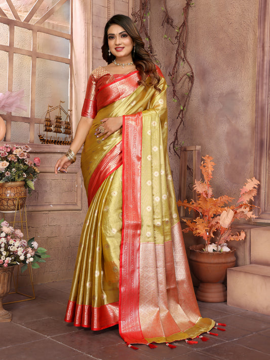 Yellow Anita Handloom Tissue Silk Sarees with all over Zari Weaving Designs