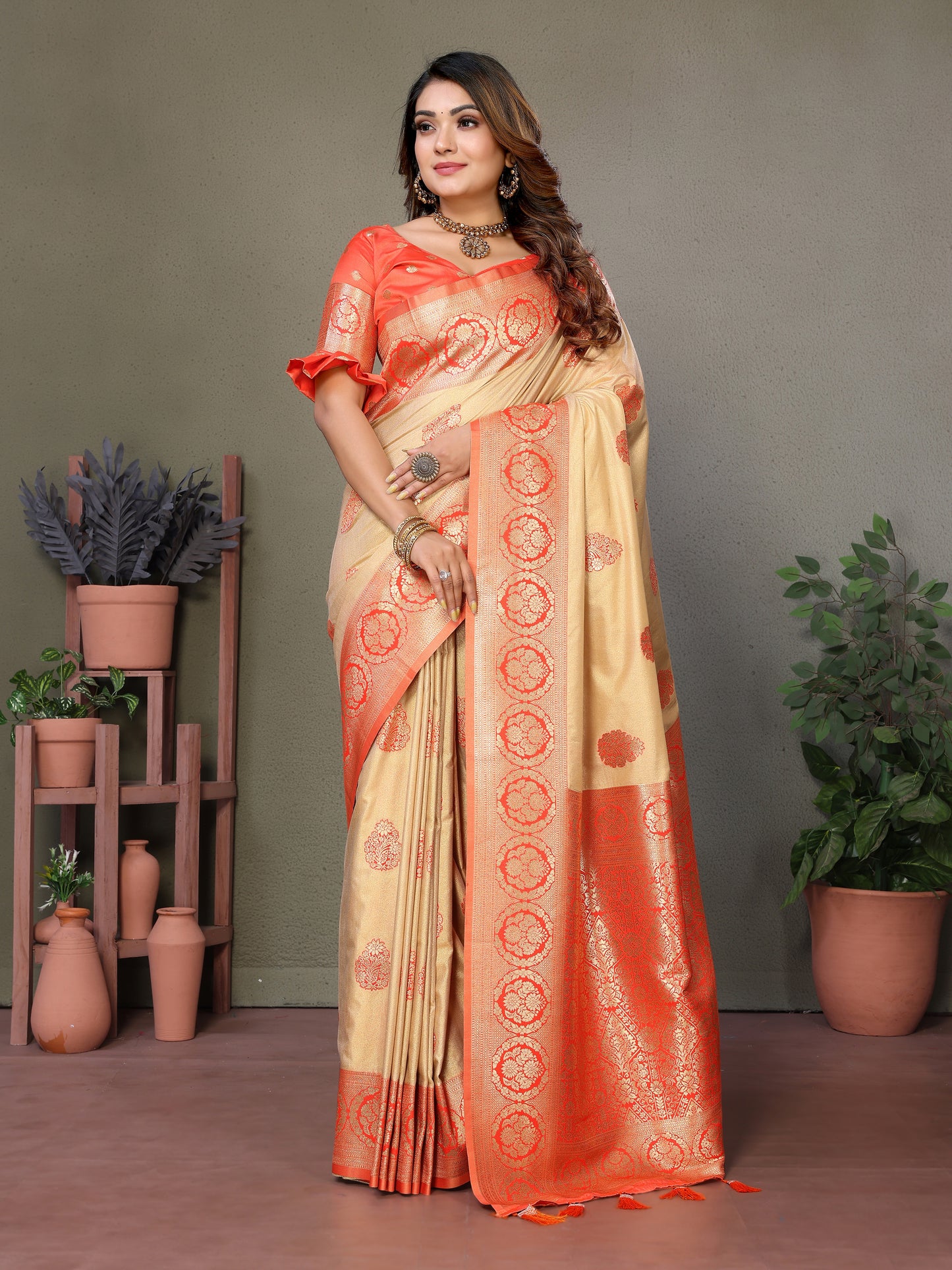 Orange Jugani Viscose silky sarees that are soft and with all over weaving butties in the body