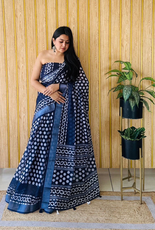 Navy Blue Color Soft Linen Cotton Digital Print Saree Very Premium And Rich Quality