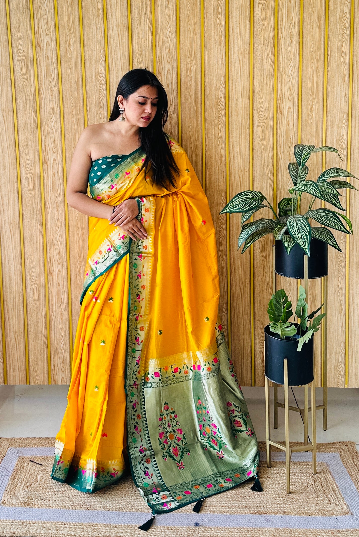 Yellow Color Premium Quality Paithani Soft  Silk Saree With Buttas Pattern