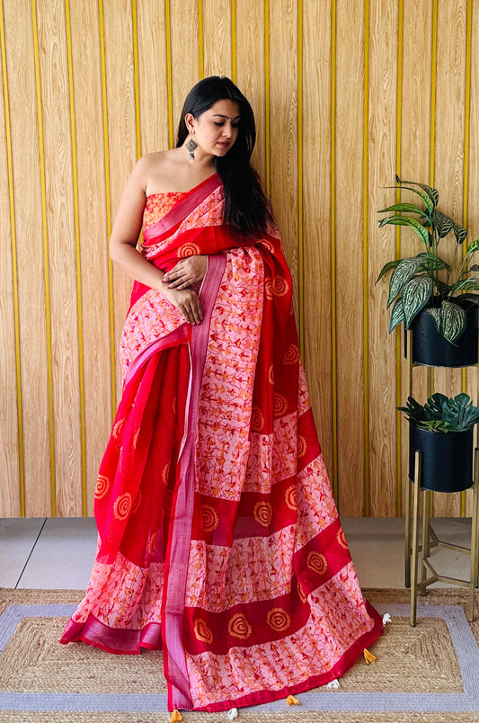 Red Color Exclusive Quality Beautiful Soft Linen Cotton Digital Print Saree