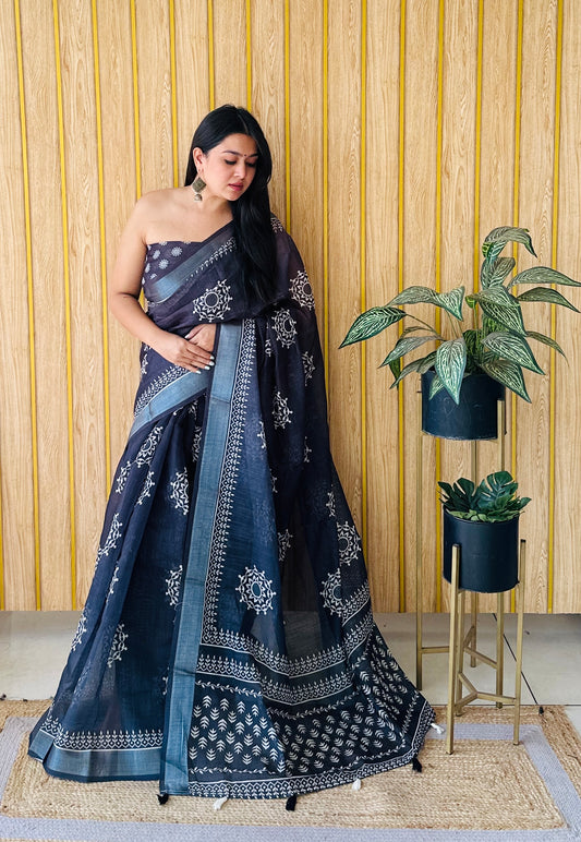Black Color Soft Linen Cotton Digital Print Saree Very Premium And Rich Quality