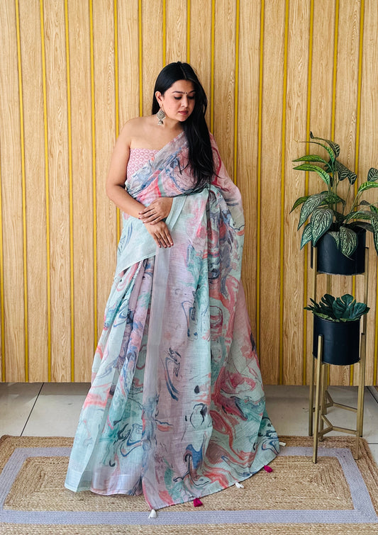 Multi Color Soft Linen Cotton Digital Print Saree Very Premium And Rich Quality