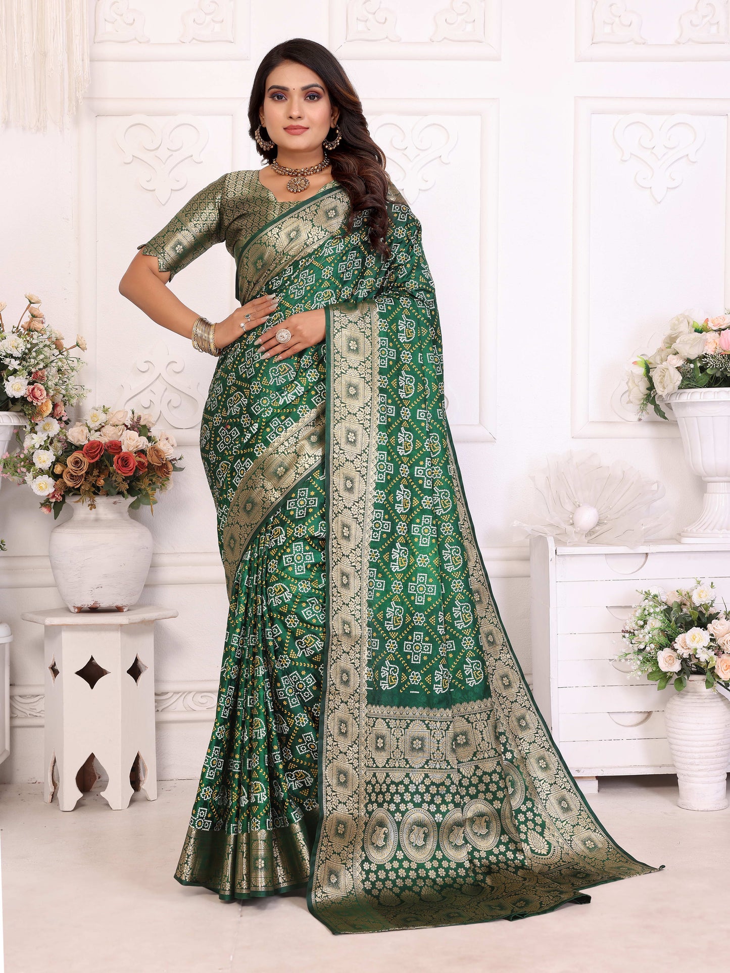 Green Samshira Soft Satin Silk Bandhej Print Sarees With Allover Zari Weaving Border