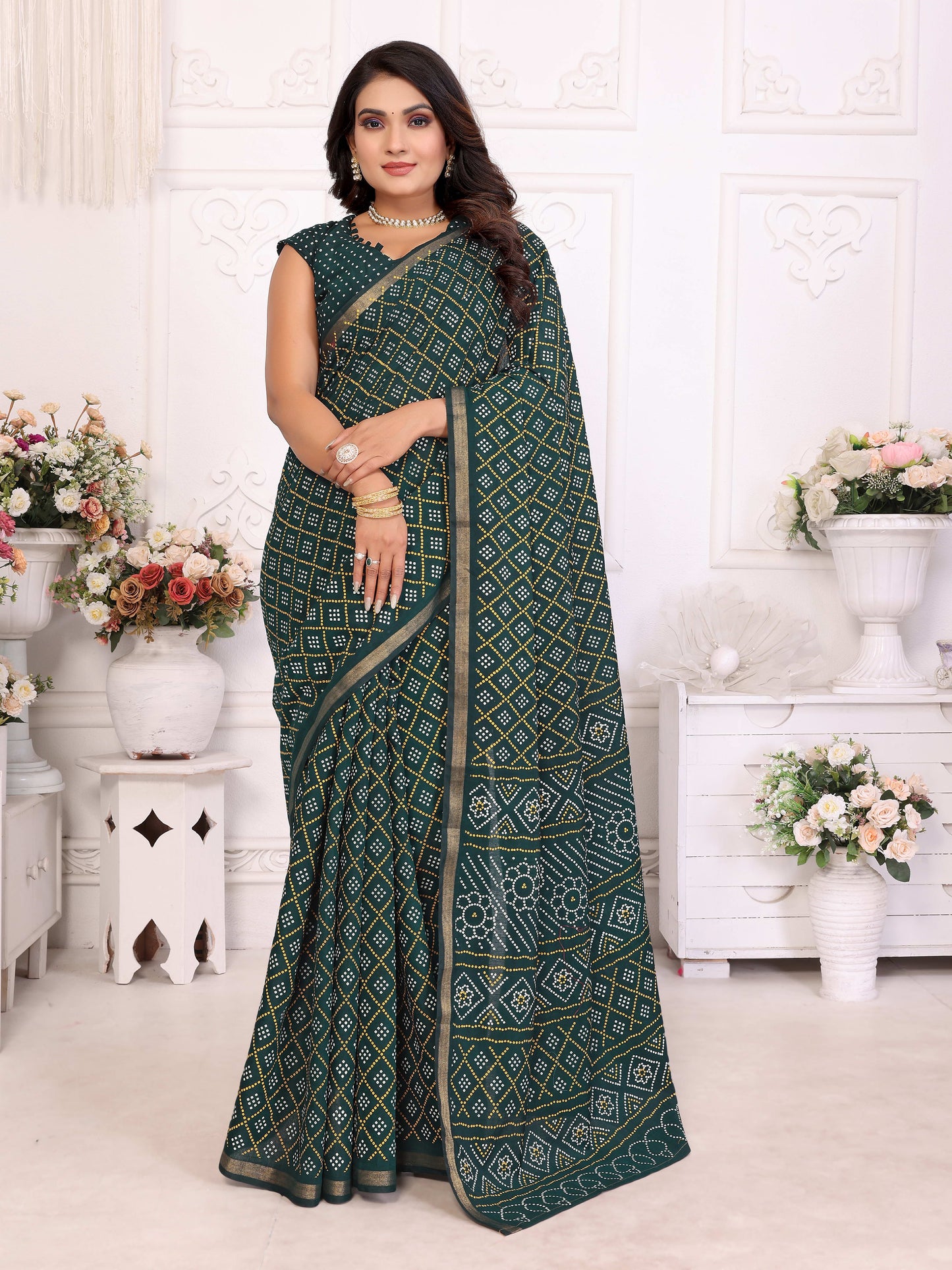 हरी अम्बा शुद्ध पटोला और बंधेज पैटर्न नरम सूती हल्के वजन की साड़ी