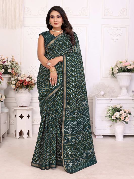 हरी अम्बा शुद्ध पटोला और बंधेज पैटर्न नरम सूती हल्के वजन की साड़ी