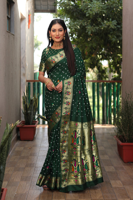 Green Yogeshwari Dola Soft Silk Bandhej Sarees With Jari Weaving Butti
