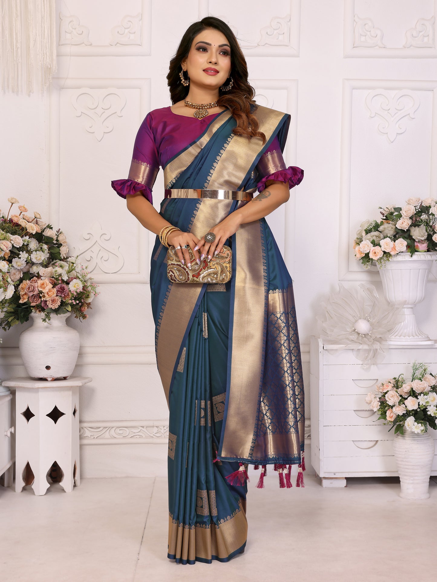 Blue Sameera Lichi soft Silk sarees With Silk woven Butta And Zari Border
