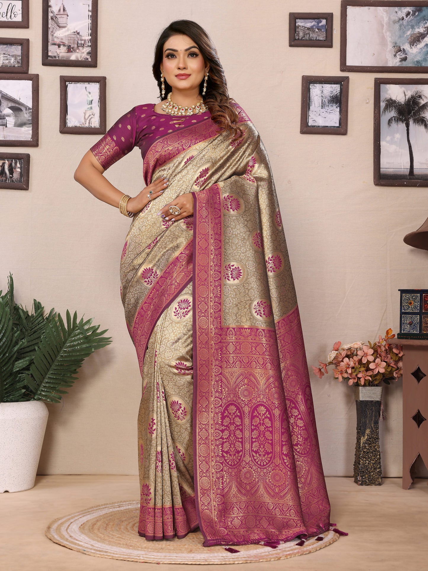 Purple Mahek Handloom Tissue Silk Sarees with Contrast Zari woven Border