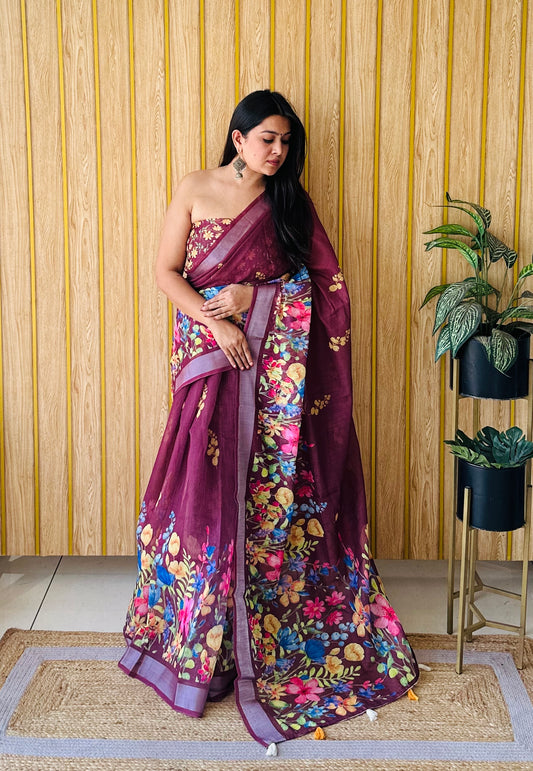 Wine Color Premium Quality Beautiful Soft Linen Cotton Digital Print Saree