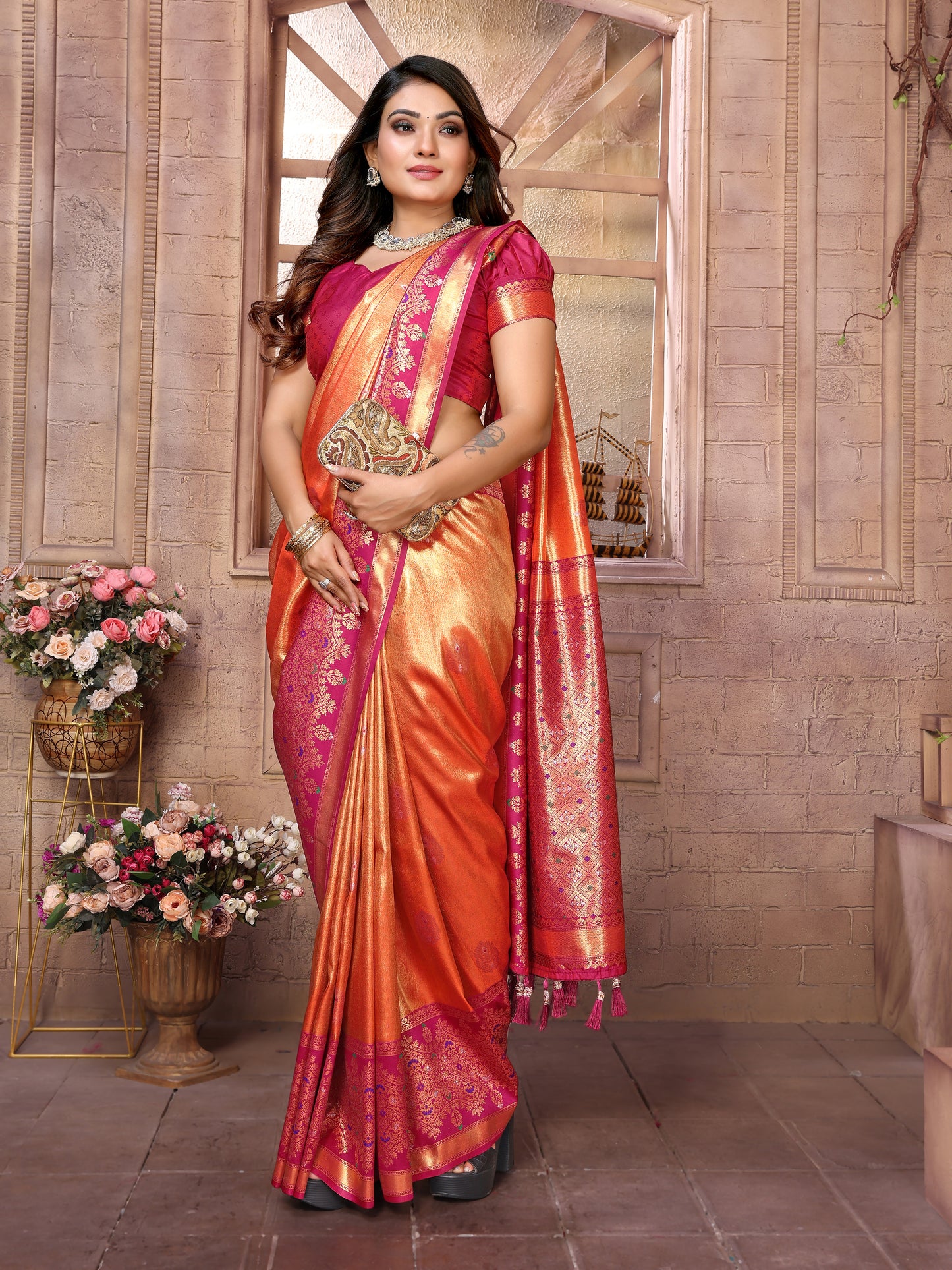 Orange Color Superior Pure Banarasi Tissue Silk Saree With Weaving Butties