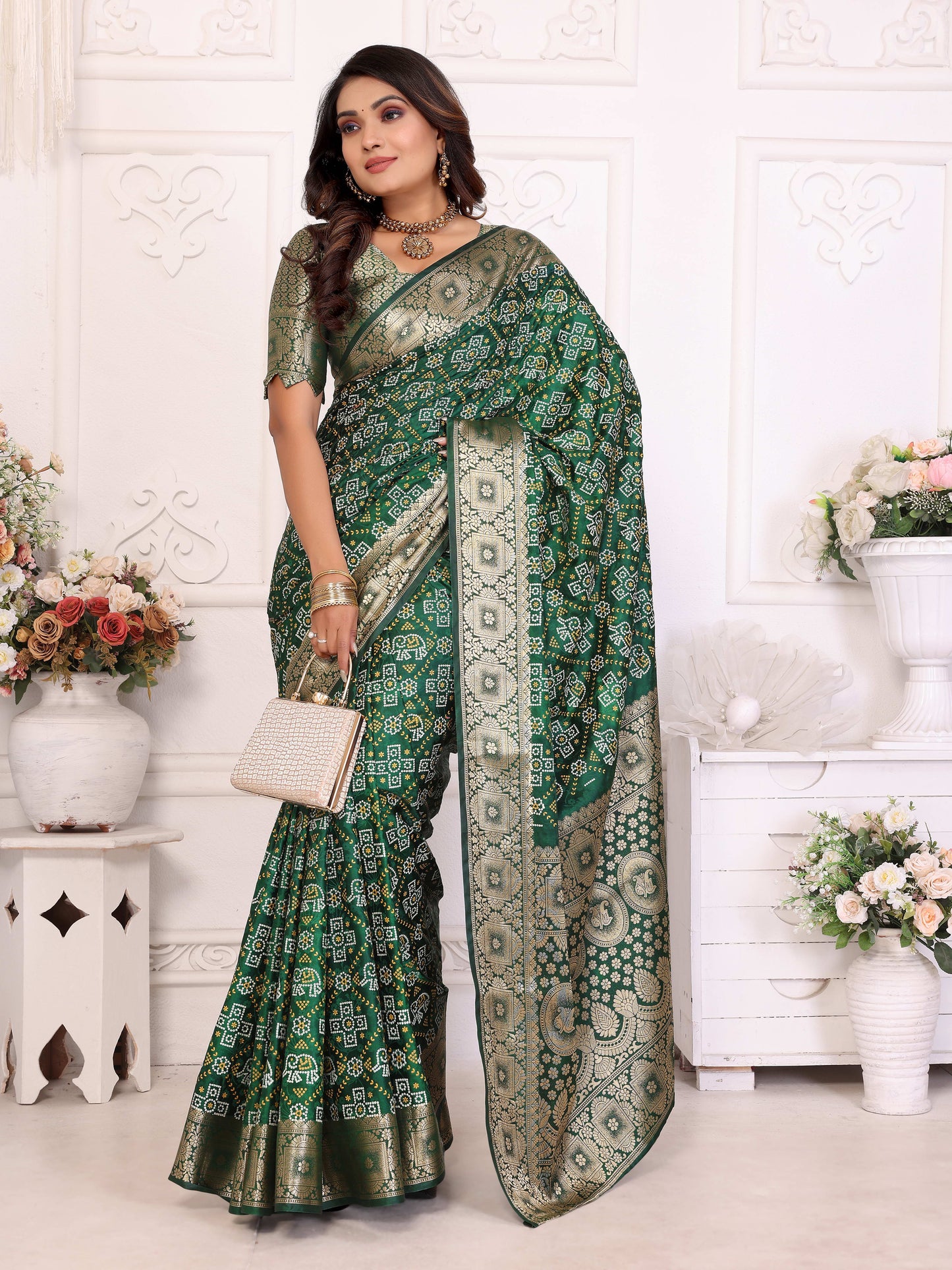 Green Samshira Soft Satin Silk Bandhej Print Sarees With Allover Zari Weaving Border