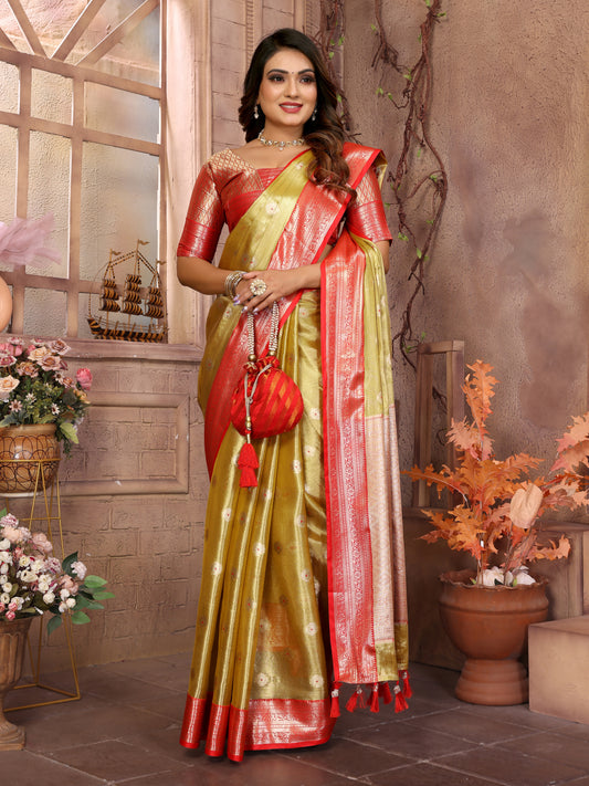 Yellow Anita Handloom Tissue Silk Sarees with all over Zari Weaving Designs