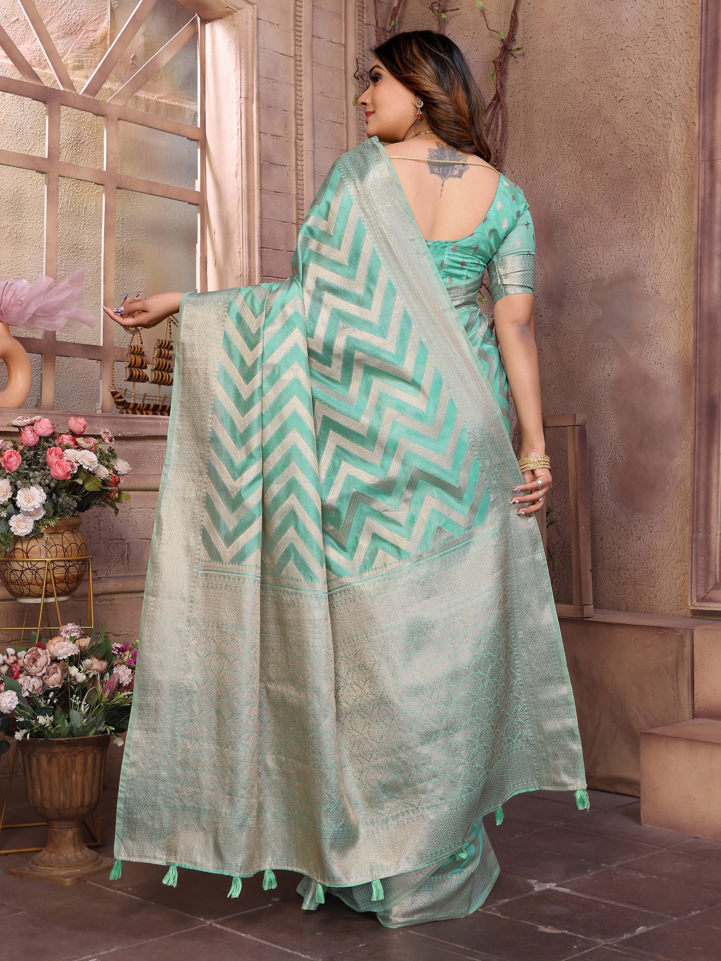 Sea Green Color Premium Superior Soft Organza Silk Banarasi Saree With Zari Border