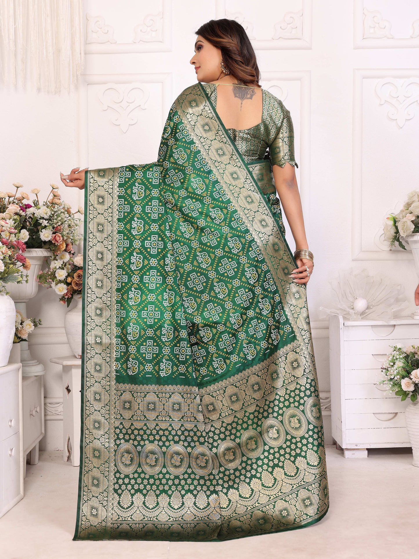 Green Samshira Soft Satin Silk Bandhej Print Sarees With Allover Zari Weaving Border