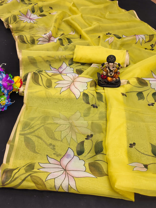 Yellow color Traditional And Classic With Best Quality Organza Digital Print