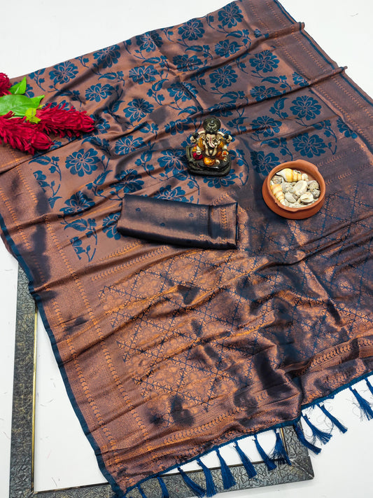 नेवी ब्लू रोज़ी शुद्ध कांजीवरम सॉफ्ट सिल्क मिश्रण साड़ी सुंदर बुनाई विशेष काम के साथ