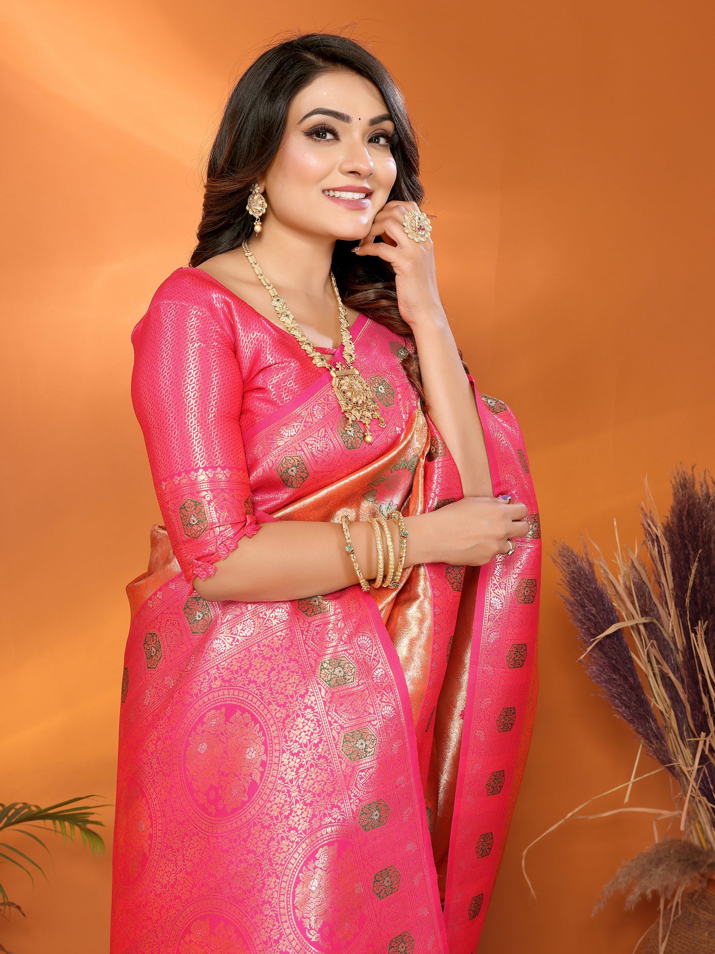 Pink Saroz banarasi tissue silk sarees with all over weaving butties
