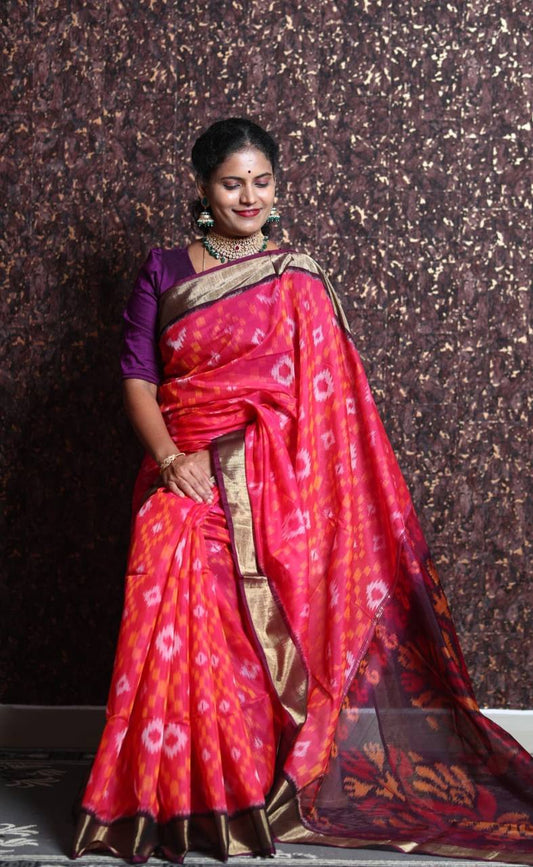 Red Color Super Beautiful Ikkat Patola Digital Print Saree With Golden Border