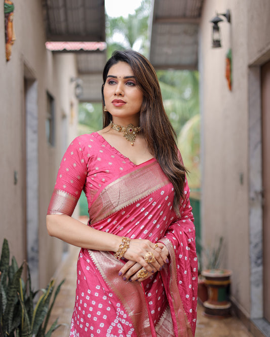 Light Pink Yashomati Dola Soft Silk Bandhej Sarees With Jari Weaving Border