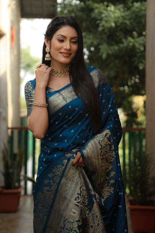 Blue Suvarna Bandhej Kanjivaram silk saree with Zari Weaving Rich Pallu