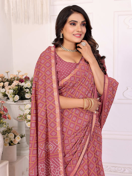 मैरून अंबा शुद्ध पटोला और बंधेज पैटर्न नरम सूती हल्के वजन की साड़ी