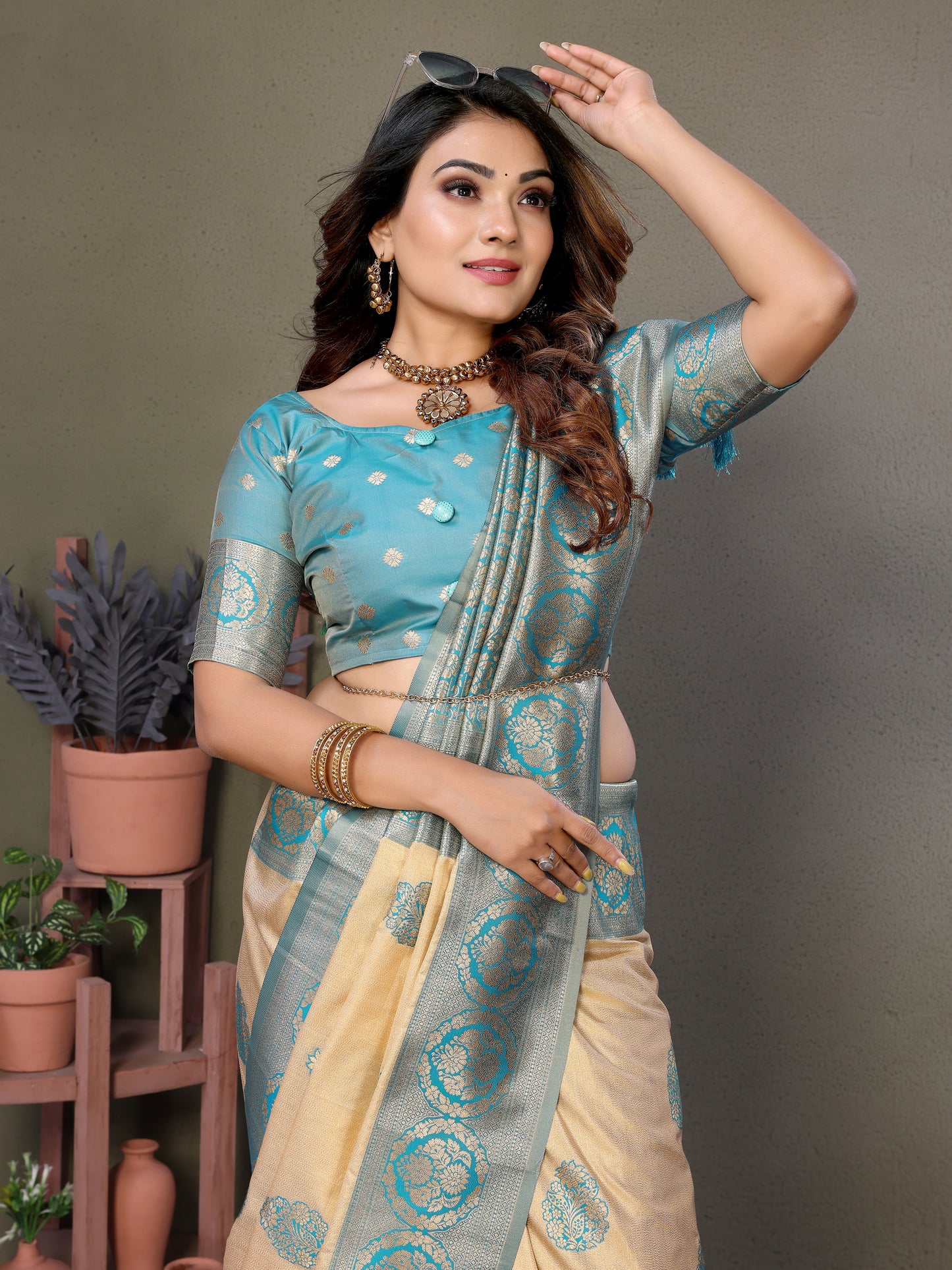 Blue Jugani Viscose silky sarees that are soft and with all over weaving butties in the body