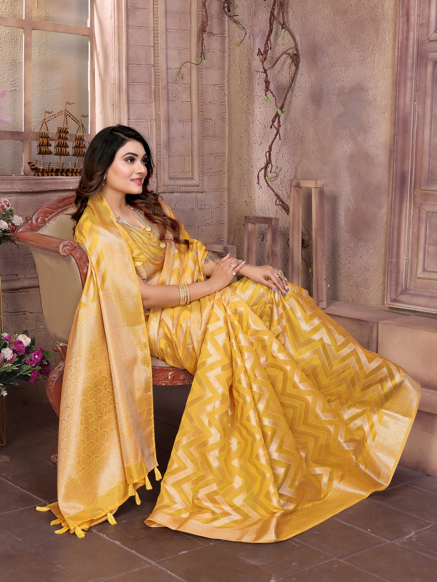 Yellow Color Premium Superior Soft Organza Silk Banarasi Saree With Zari Border