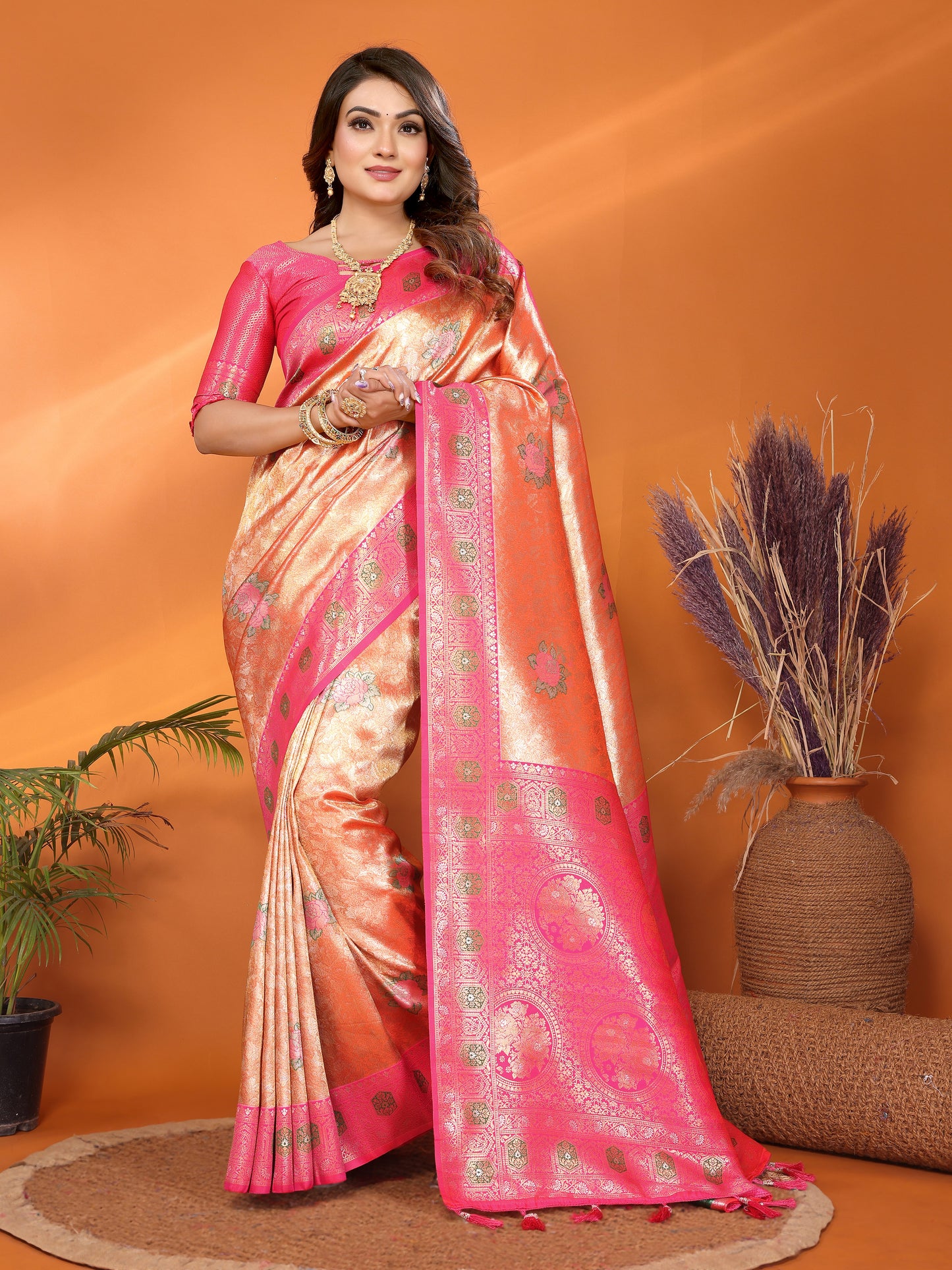 Pink Saroz banarasi tissue silk sarees with all over weaving butties
