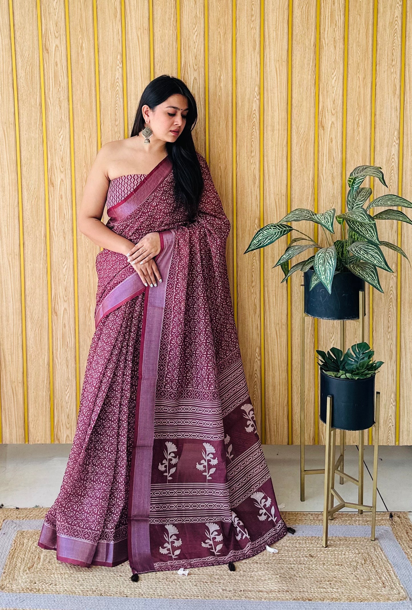 Wine Color Soft Linen Cotton Digital Print Saree Very Premium And Rich Quality