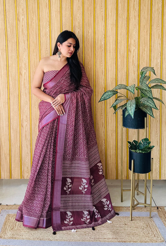 Wine Color Soft Linen Cotton Digital Print Saree Very Premium And Rich Quality