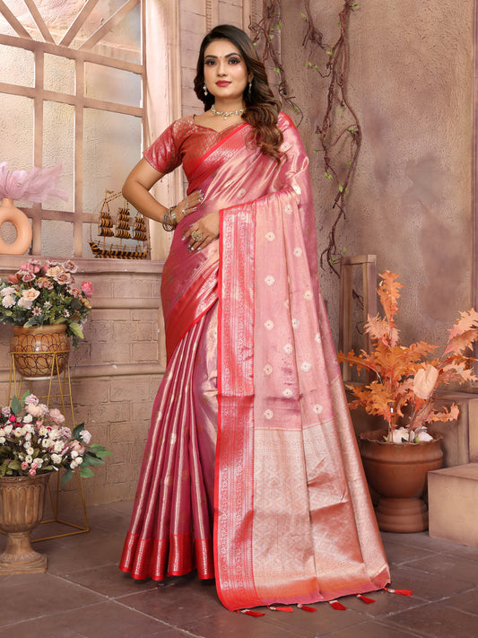 Red Anita Handloom Tissue Silk Sarees with all over Zari Weaving Designs