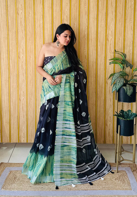 Black Color Soft Linen Cotton Digital Print Saree Very Premium And Rich Quality