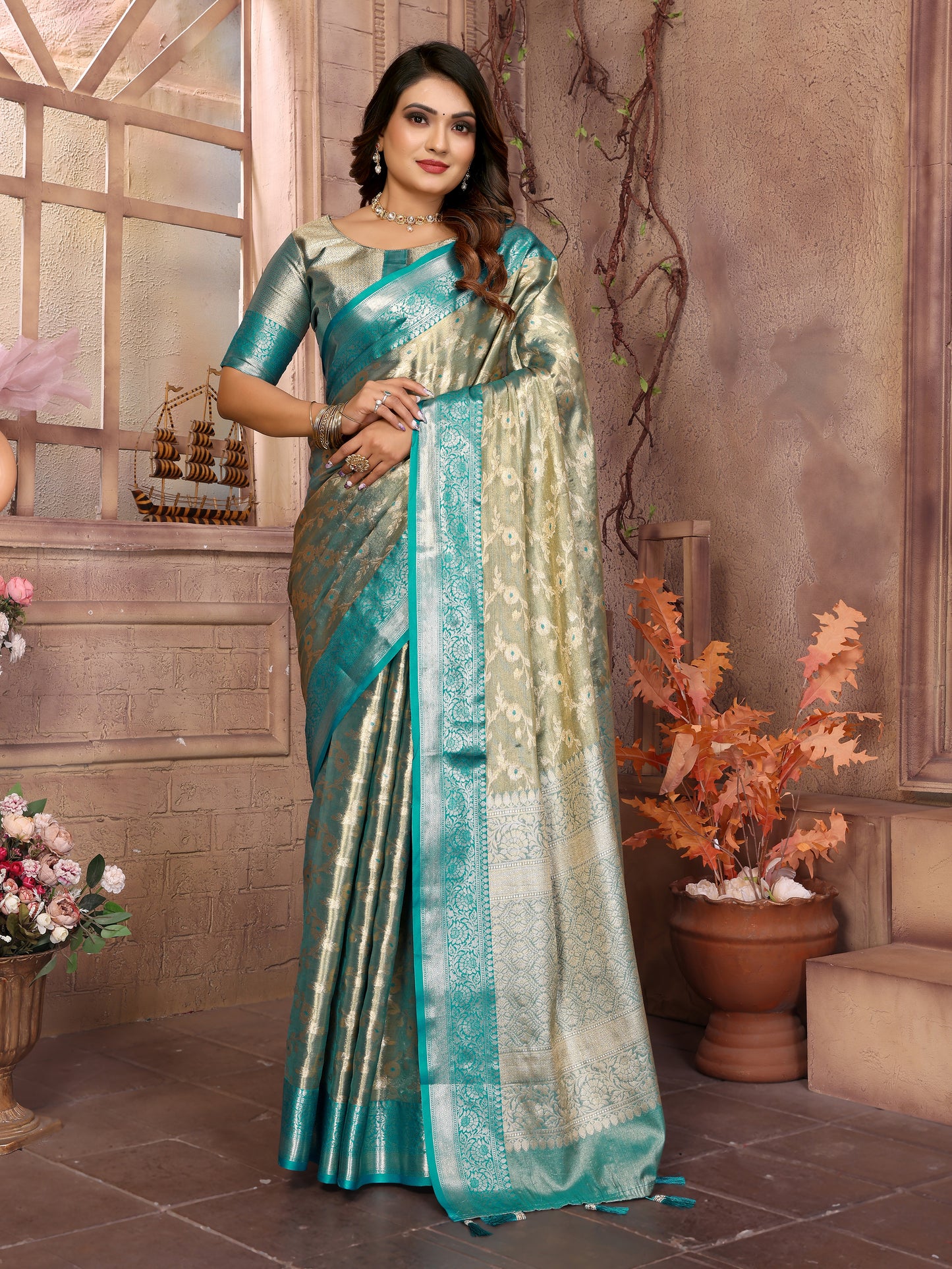 Sea Green Color Handloom Tissue Silk Saree With Zari Designs And Contrast Border