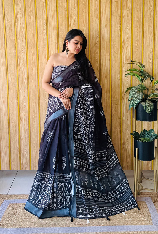 Black Color Exclusive Quality Beautiful Soft Linen Cotton Digital Print Saree